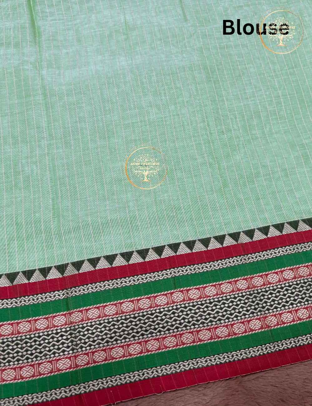 Shanvi-Narayanpet Mint Green Stripes Cotton Saree - Image 4