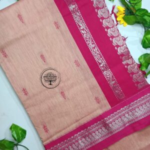 Kalyani Cotton Saree in Soft Beige with Deep Pink Silver Zari Border