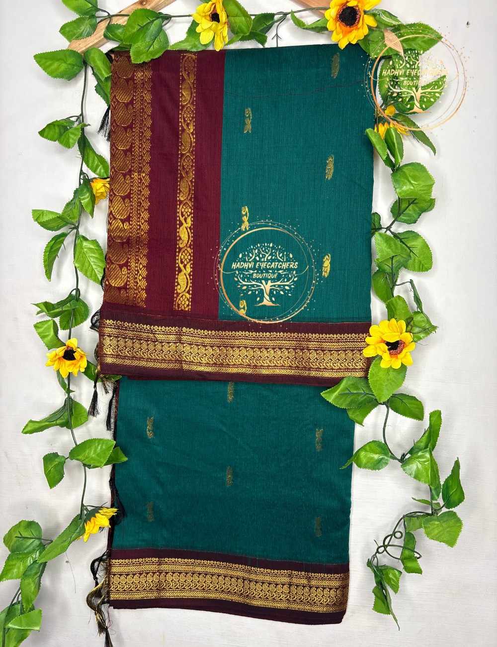 Harshika– Teal Green Kalyani Cotton Saree - Image 2