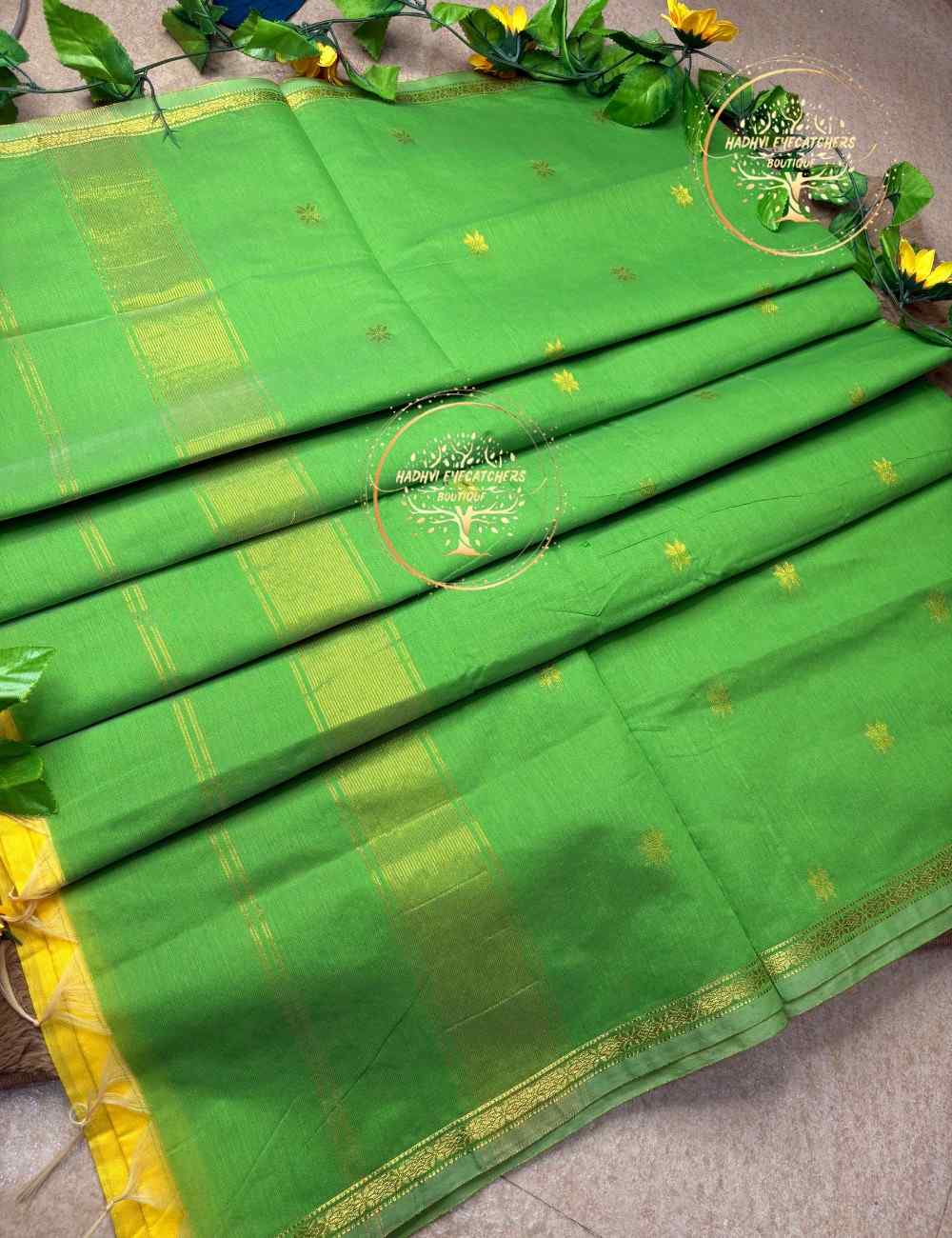 Jyotsna -Lemon Yellow Semi Maheswari Silk Cotton Saree - Image 4