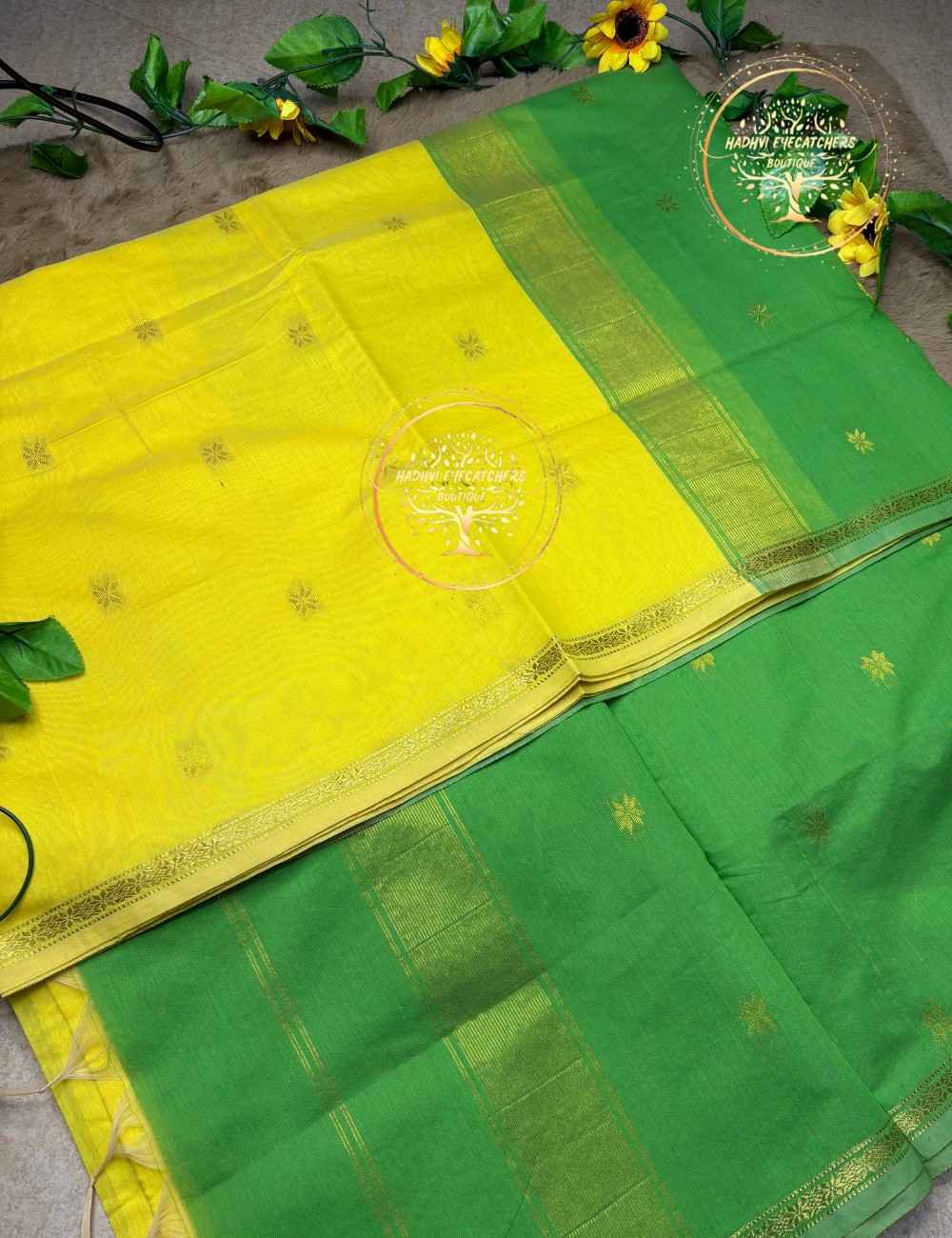 Jyotsna -Lemon Yellow Semi Maheswari Silk Cotton Saree - Image 3
