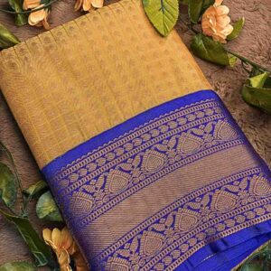 Turmeric Yellow 1000 Buttas Lakshadeepam Semi Kanchi Silk Saree with Royal Blue Border & Gold Zari