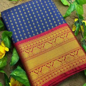 Deep Blue 1000 Buttas Lakshadeepam Semi Kanchi Silk Saree with Maroon Border & Gold Zari