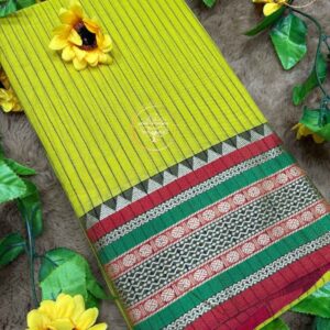 Pavani-Narayanpet Parrot Green Stripes  Cotton Saree