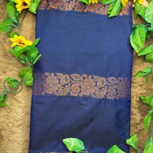 Dark Blue Raga Soft Silk Saree with Greyish Blue Pallu and Golden Motifs