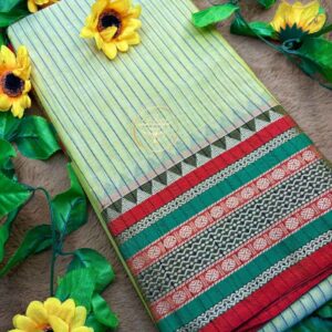Narayanpet Lemon Green Stripes Pure Cotton Handloom Saree