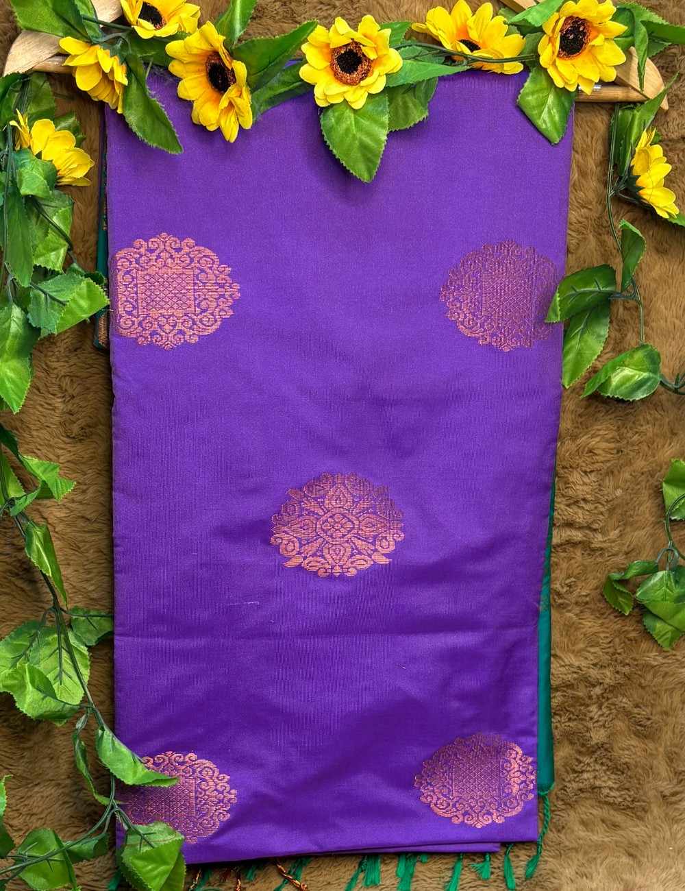 Purple Raga Soft Silk Saree with Peacock Blue Pallu and Golden Motifs