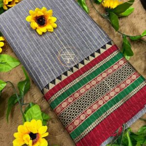 Ash Grey Narayanpet Stripes Cotton Saree
