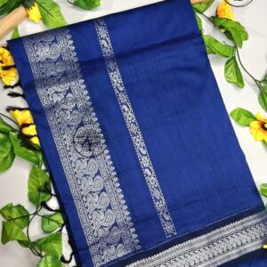 Royal Blue Kalyani Cotton Saree with Silver Zari Border