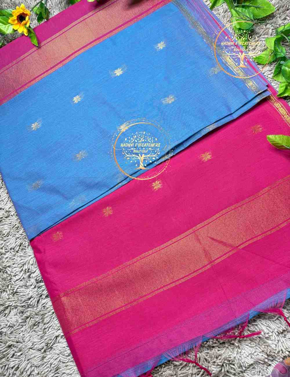 Jana-Priya -Pastel Blue Semi Maheswari Silk Cotton Saree - Image 3