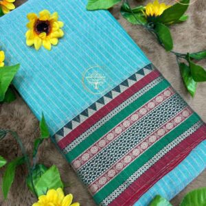 Jyothika- Sky Blue Narayanpet Stripes Cotton Saree