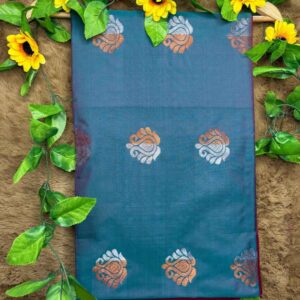 Charitha- Dark Teal Raga Soft Silk Saree with Maroon Pallu and Dual-Tone Motifs