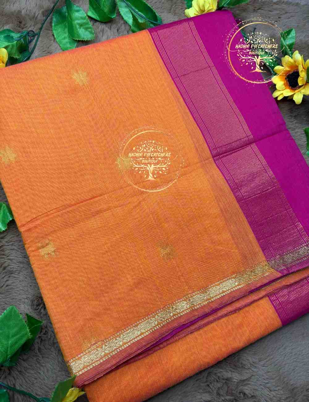Vrishti-Orange Semi Maheswari Silk Cotton Saree