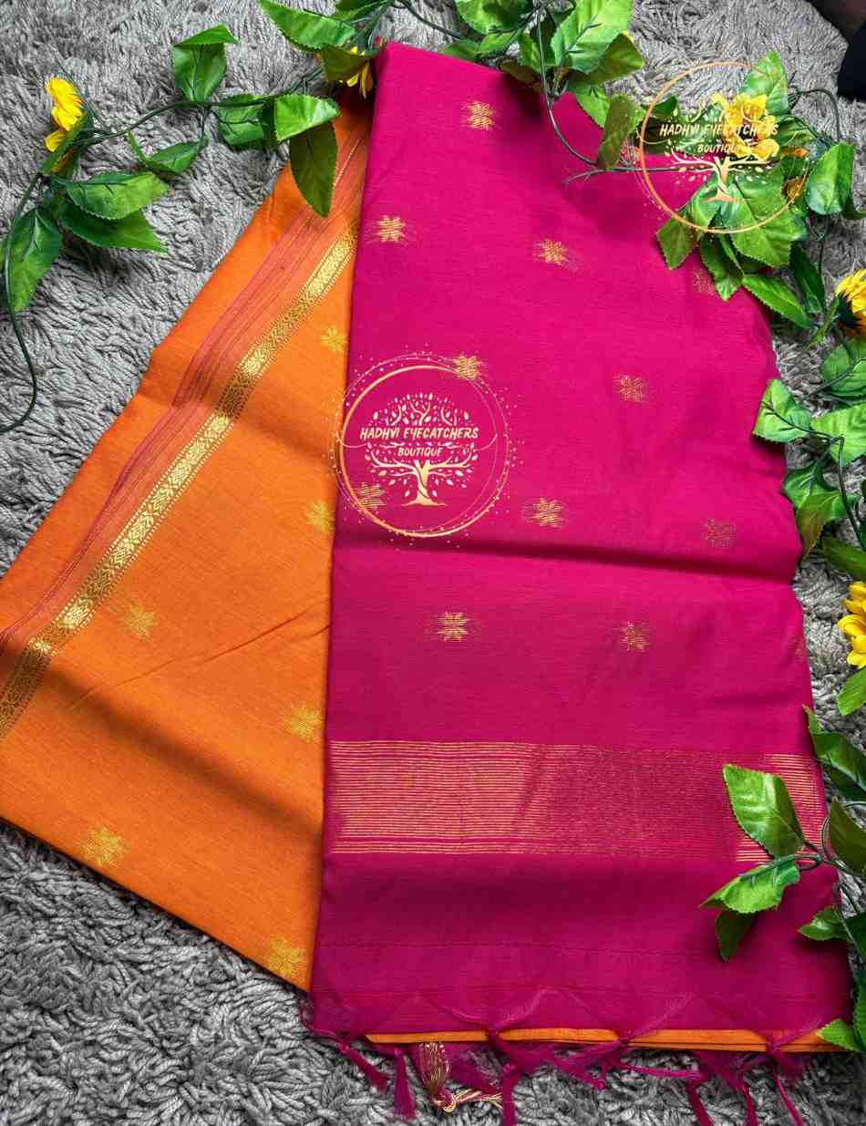 Vrishti-Orange Semi Maheswari Silk Cotton Saree - Image 2