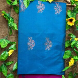 Blue Raga Soft Silk Saree with Magenta Border and Pink-Gold Motifs
