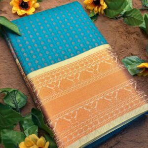 Turquoise Blue 1000 Buttas Lakshadeepam Semi Kanchi Silk Saree with Cream Pallu & Gold Zari