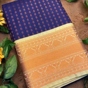 1000 Buttas Lakshadeepam Semi Kanchi Silk Saree in Deep Blue with Cream Pallu & Gold Zari