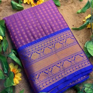 Purple 1000 Buttas Lakshadeepam Semi Kanchi Silk Saree with Royal Blue Border & Gold Zari