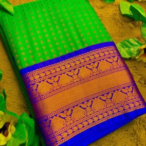 Green 1000 Buttas Lakshadeepam Semi Kanchi Silk Saree with Royal Blue Border & Gold Zari