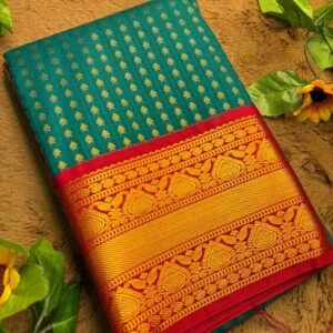 Peacock Green 1000 Buttas Lakshadeepam Semi Kanchi Silk Saree with Maroon Border & Gold Zari