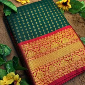 Green 1000 Buttas Lakshadeepam Semi Kanchi Silk Saree with Maroon Border & Gold Zari