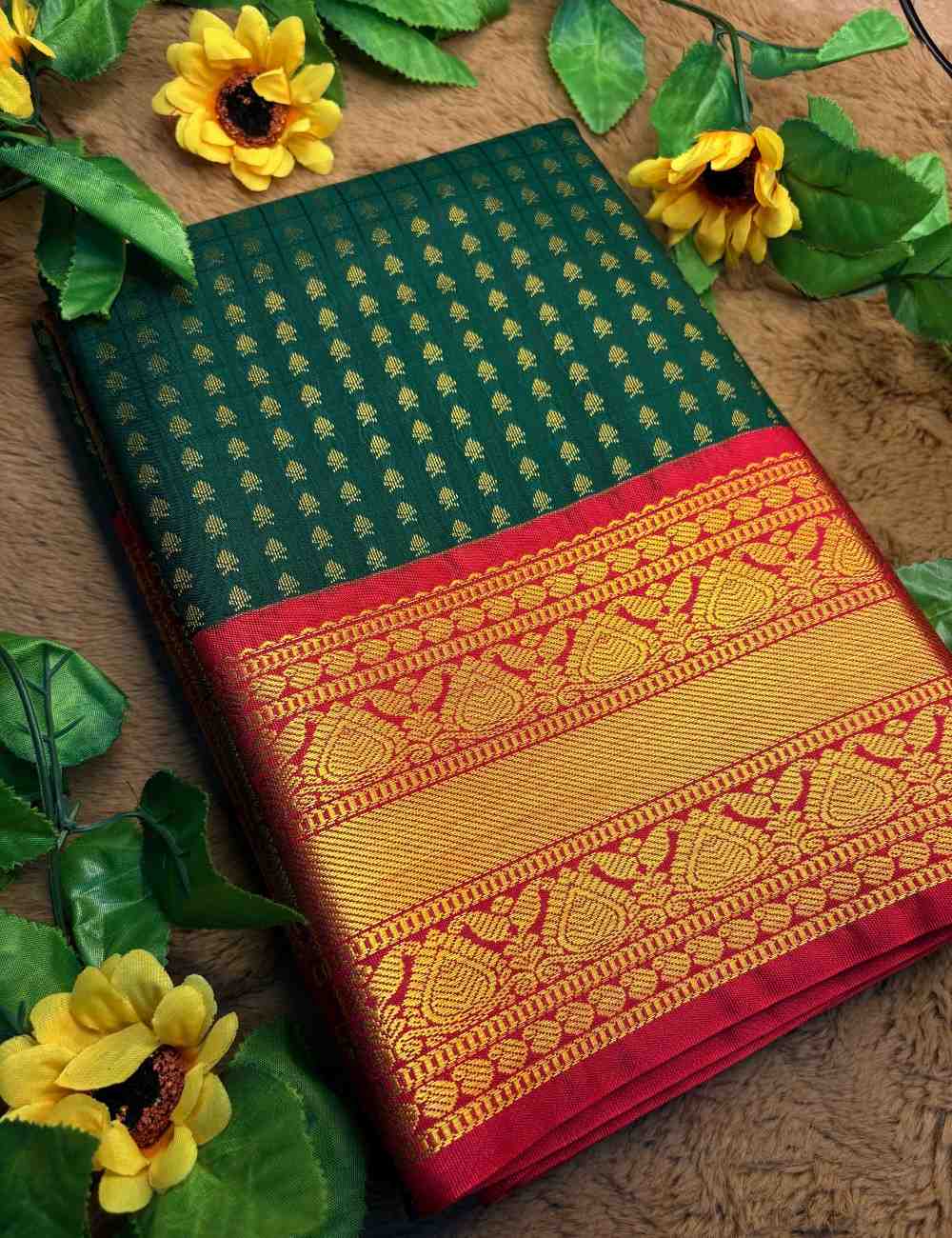 Green 1000 Buttas Lakshadeepam Semi Kanchi Silk Saree with Maroon Border & Gold Zari