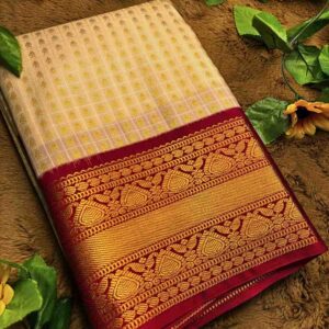 Cream 1000 Buttas Lakshadeepam Semi Kanchi Silk Saree with Maroon Border & Gold Zari
