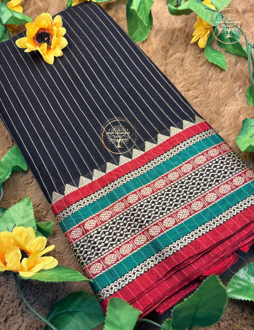 Mahima-Narayanpet Black Stripes Pure Cotton Handloom Saree