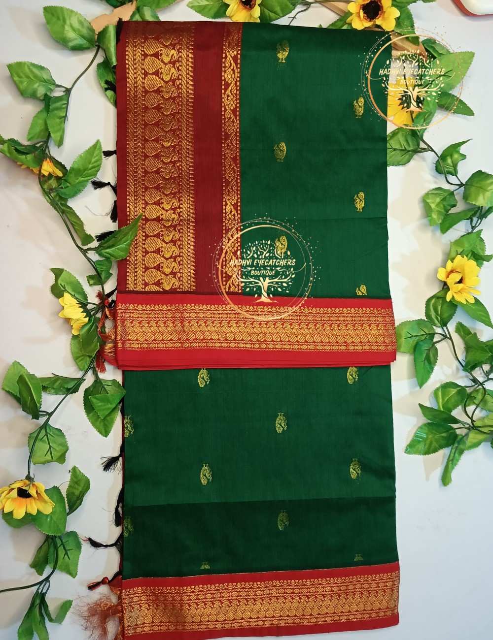 Kamakshi – Bottle Green Kalyani Cotton Saree - Image 2