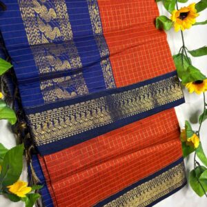 Varnika – Dark Orange Checks Kalyani Cotton Saree